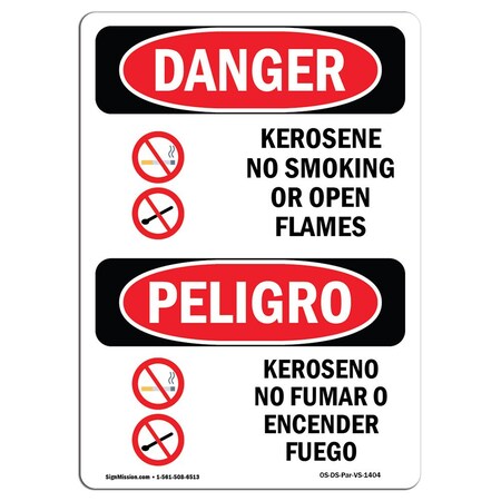 Signmission OSHA Sign, Kerosene No Smoking Or Open Flames Bilingual, 14in X 10in Decal, 10" W, 14" L, Spanish OS-DS-D-1014-VS-1404